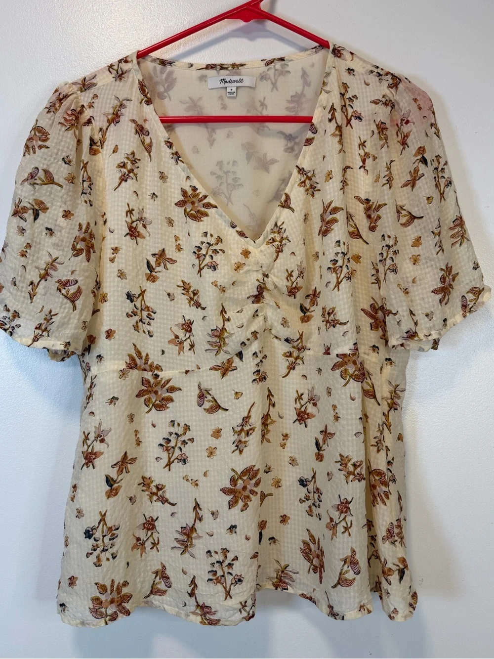 Madewell Cream Floral Gingham Silk V-Neck Blouse Puff Sleeves Women’s Size 8